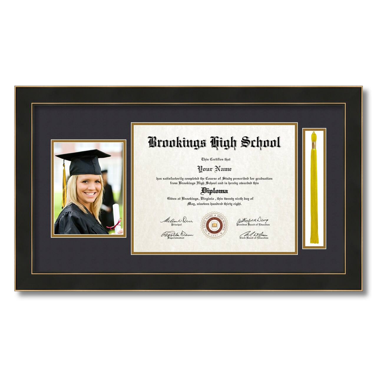 ArtToFrames 11x14 inch Diploma Frame with 5x7 Inch Image Opening and Tassel Opening - Framed with Black and Gold Mats, Comes with Regular Acrylic and Sawtooth Hanger for Wall Hanging (DIT-11x14)